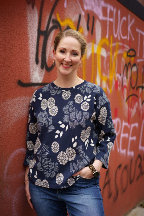 GOTS Katoen Jacquard Jersey Knit Blue Sakura Yukata - Albstoffe