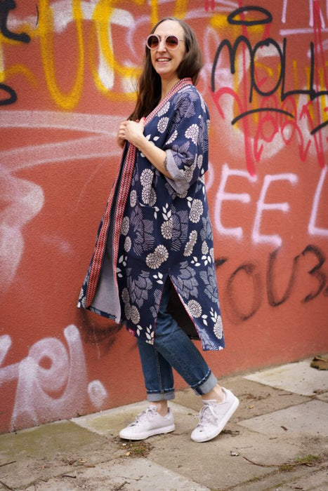 GOTS Katoen Jacquard Jersey Knit Blue Sakura Yukata - Albstoffe