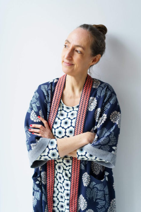 GOTS Katoen Jacquard Jersey Knit Blue Sakura Yukata - Albstoffe