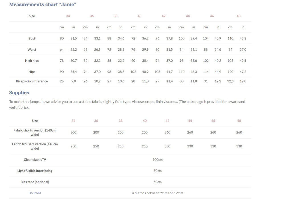 Jumpsuit Naaipatroon Janie Lise Tailor measurement chart supplies