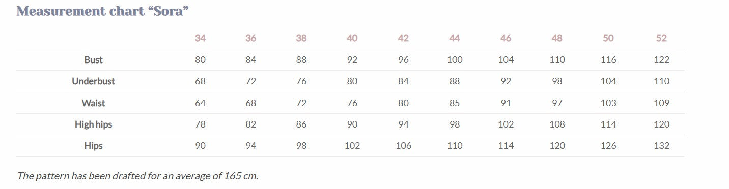 Naaipatroon Sora Body Lise Tailor measurement chart