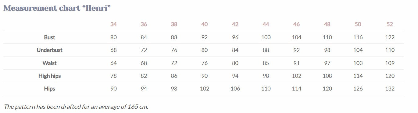 Naaipatroon broek Henri Lise Tailor measurement chart