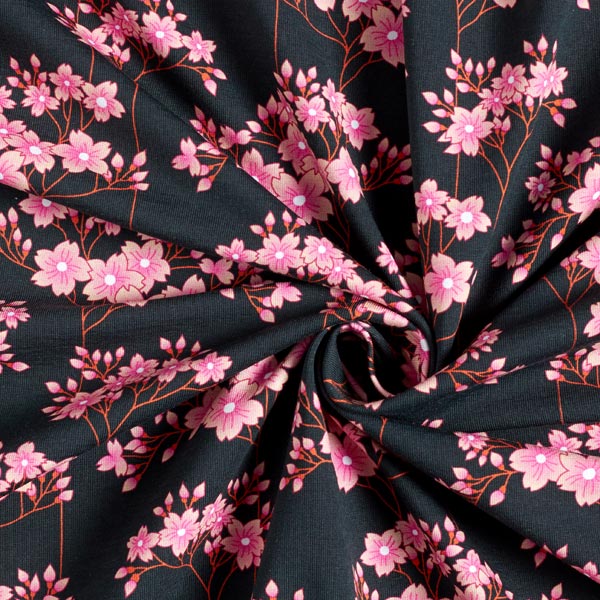 Coupon +/- 90 cm - GOTS Katoen Jersey Zwart/Roze - Sakura Hana - Albstoffe